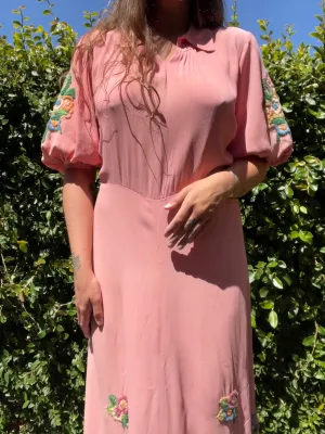 1930s Bubble Gum Pink Wool Embroidered Flower Basket Rayon Crepe Balloon Sleeve Dress