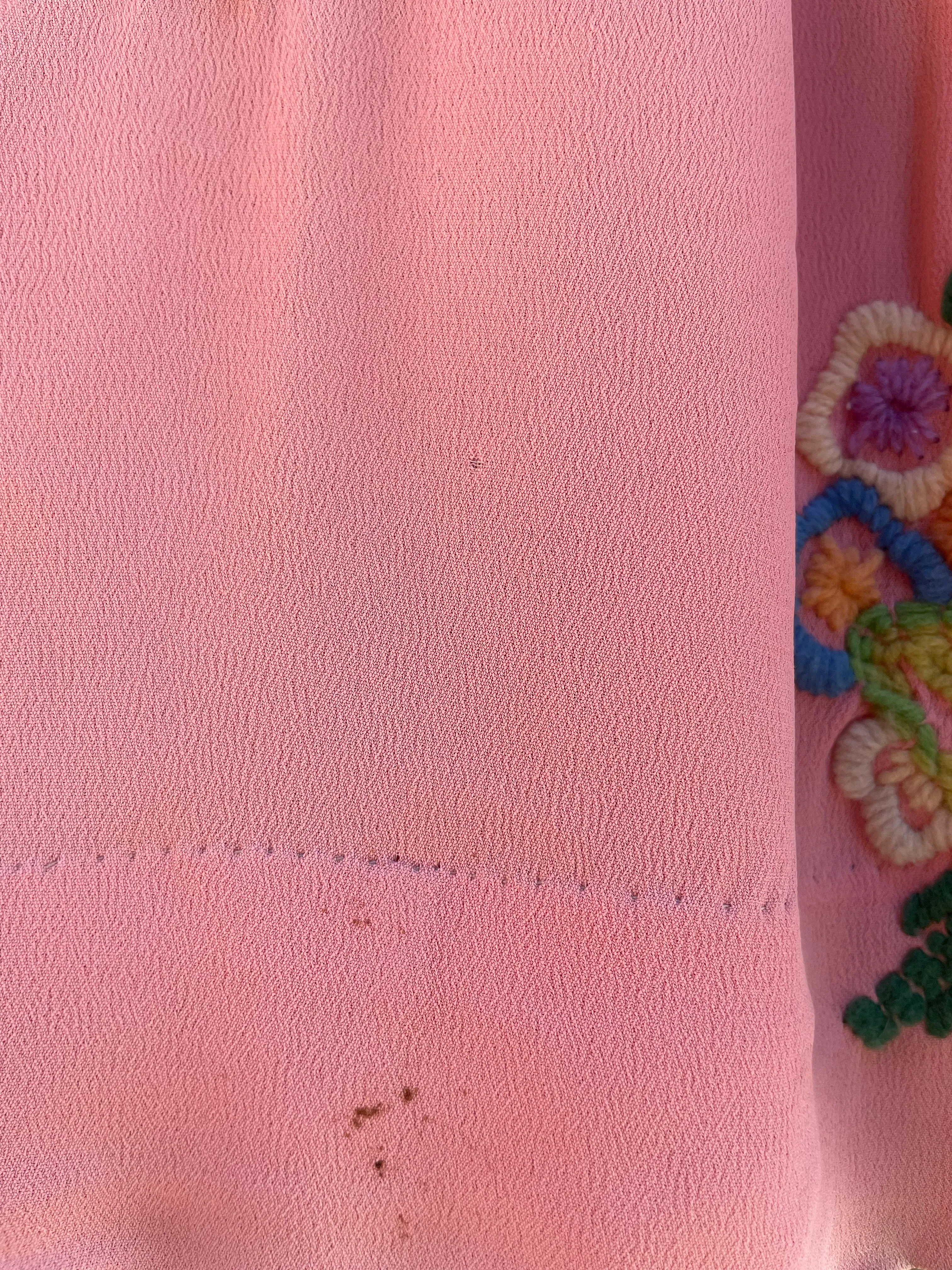 1930s Bubble Gum Pink Wool Embroidered Flower Basket Rayon Crepe Balloon Sleeve Dress