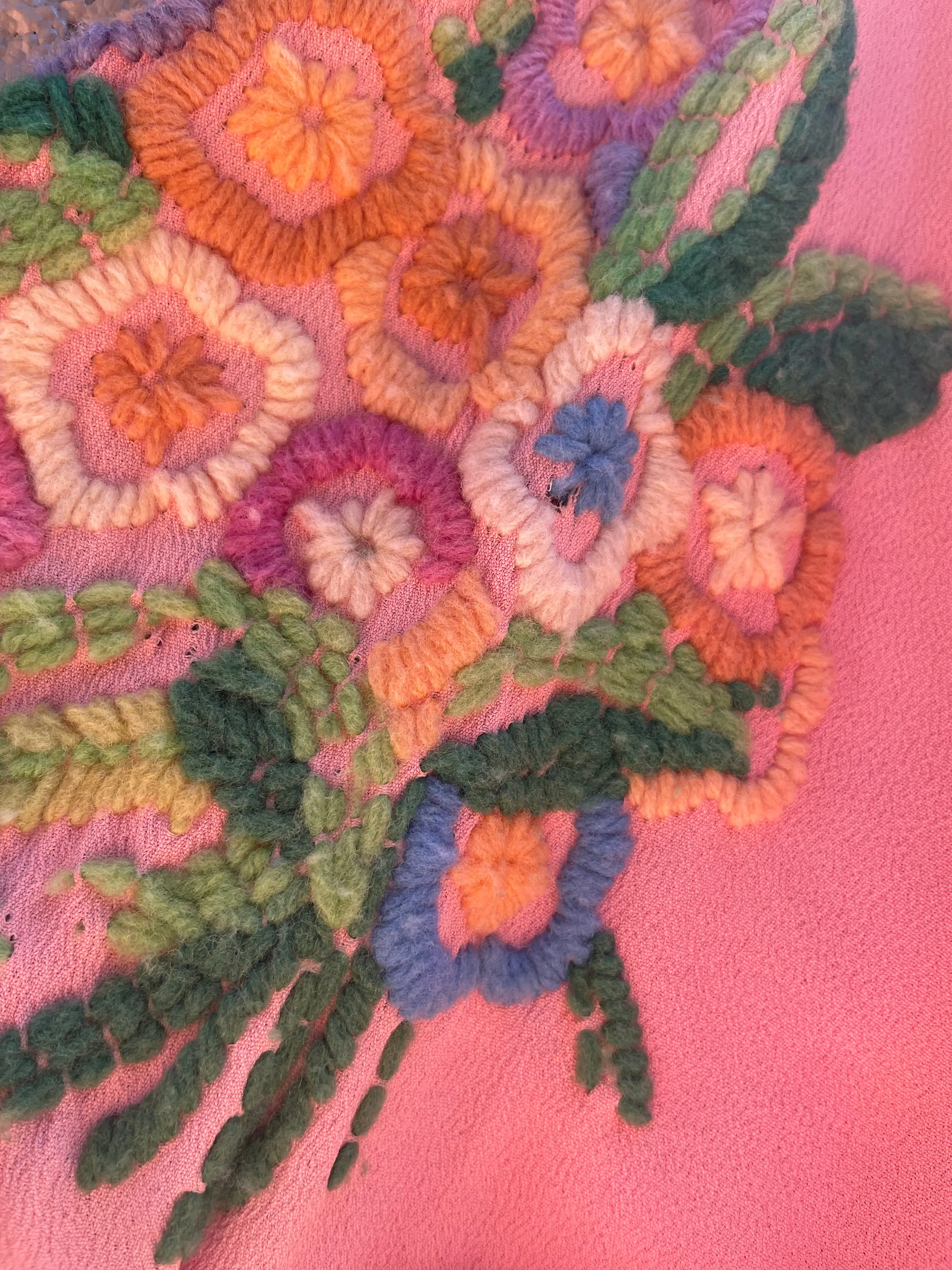 1930s Bubble Gum Pink Wool Embroidered Flower Basket Rayon Crepe Balloon Sleeve Dress