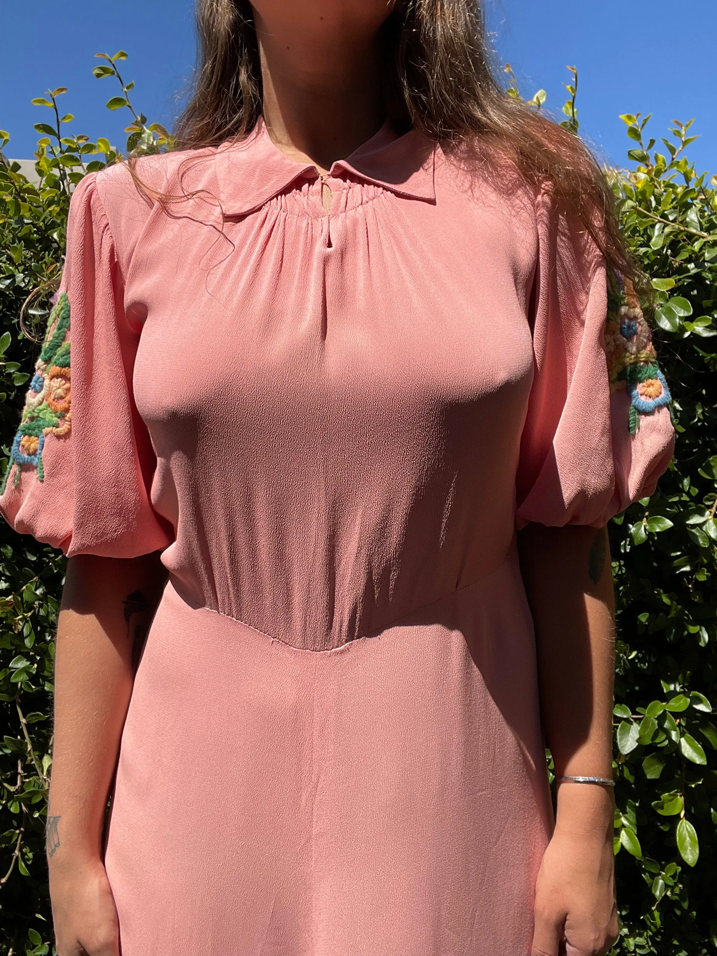 1930s Bubble Gum Pink Wool Embroidered Flower Basket Rayon Crepe Balloon Sleeve Dress