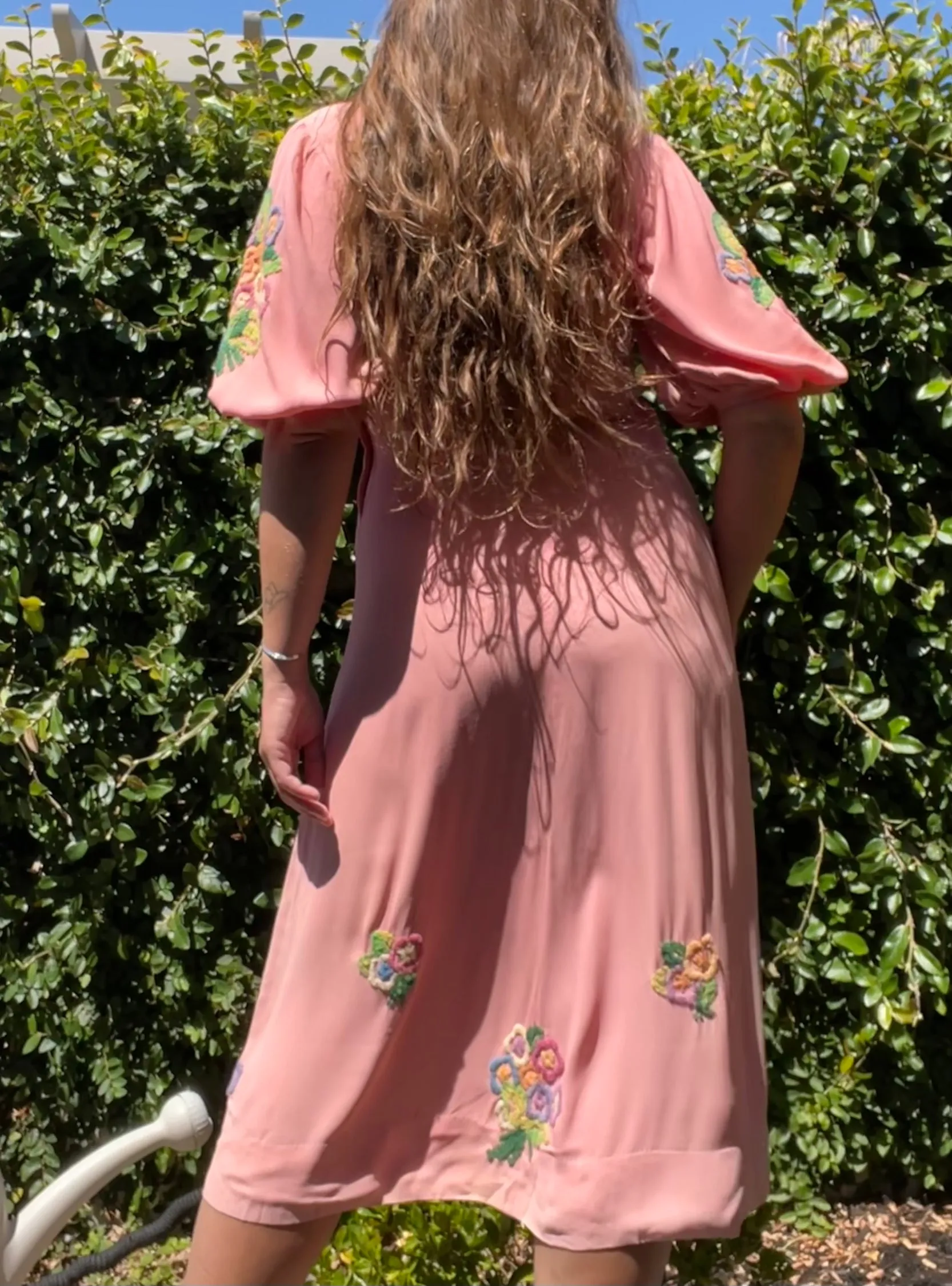 1930s Bubble Gum Pink Wool Embroidered Flower Basket Rayon Crepe Balloon Sleeve Dress
