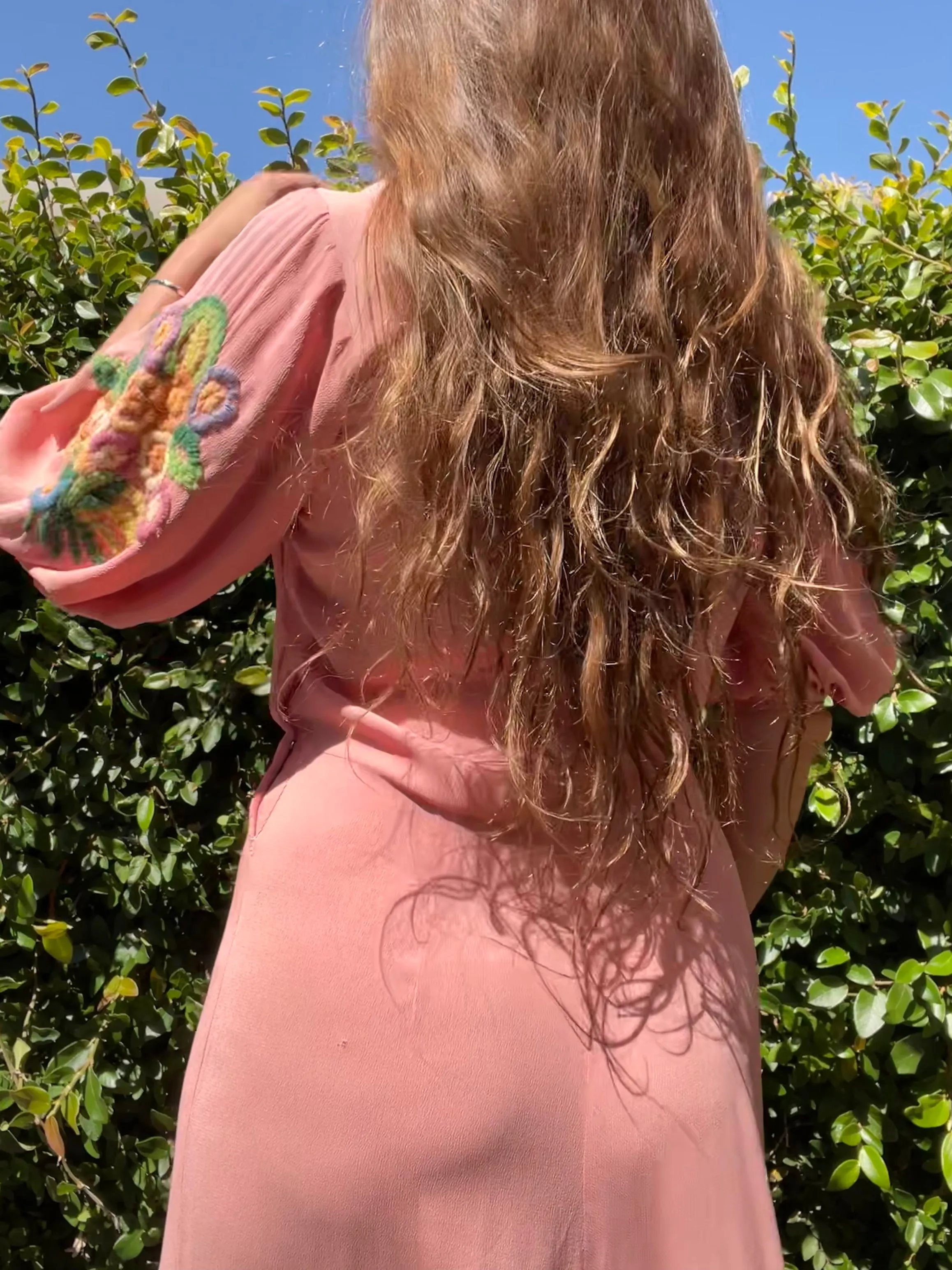 1930s Bubble Gum Pink Wool Embroidered Flower Basket Rayon Crepe Balloon Sleeve Dress