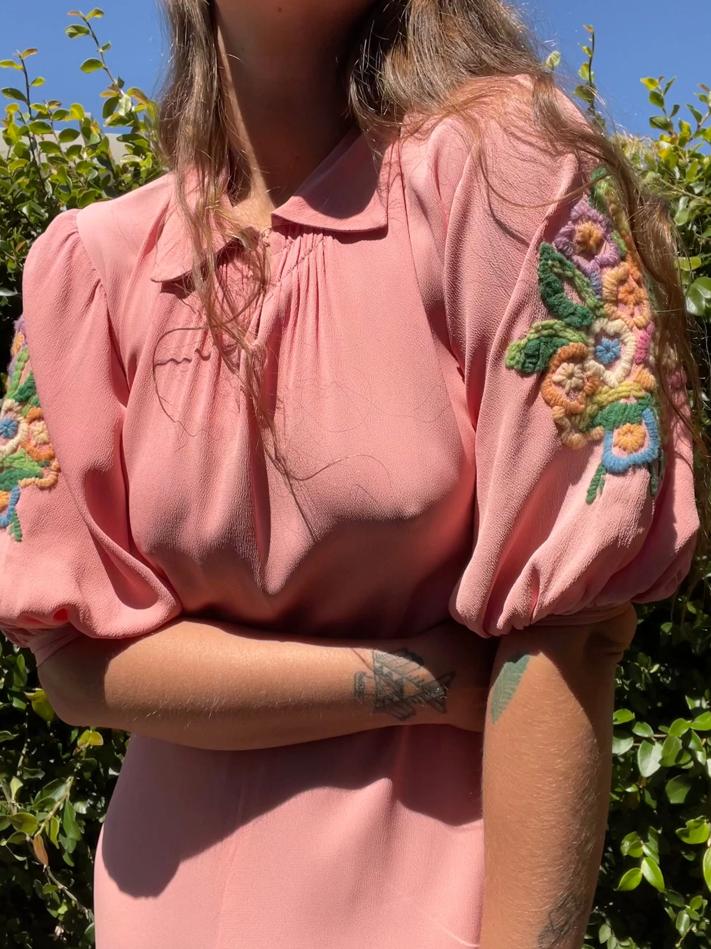 1930s Bubble Gum Pink Wool Embroidered Flower Basket Rayon Crepe Balloon Sleeve Dress