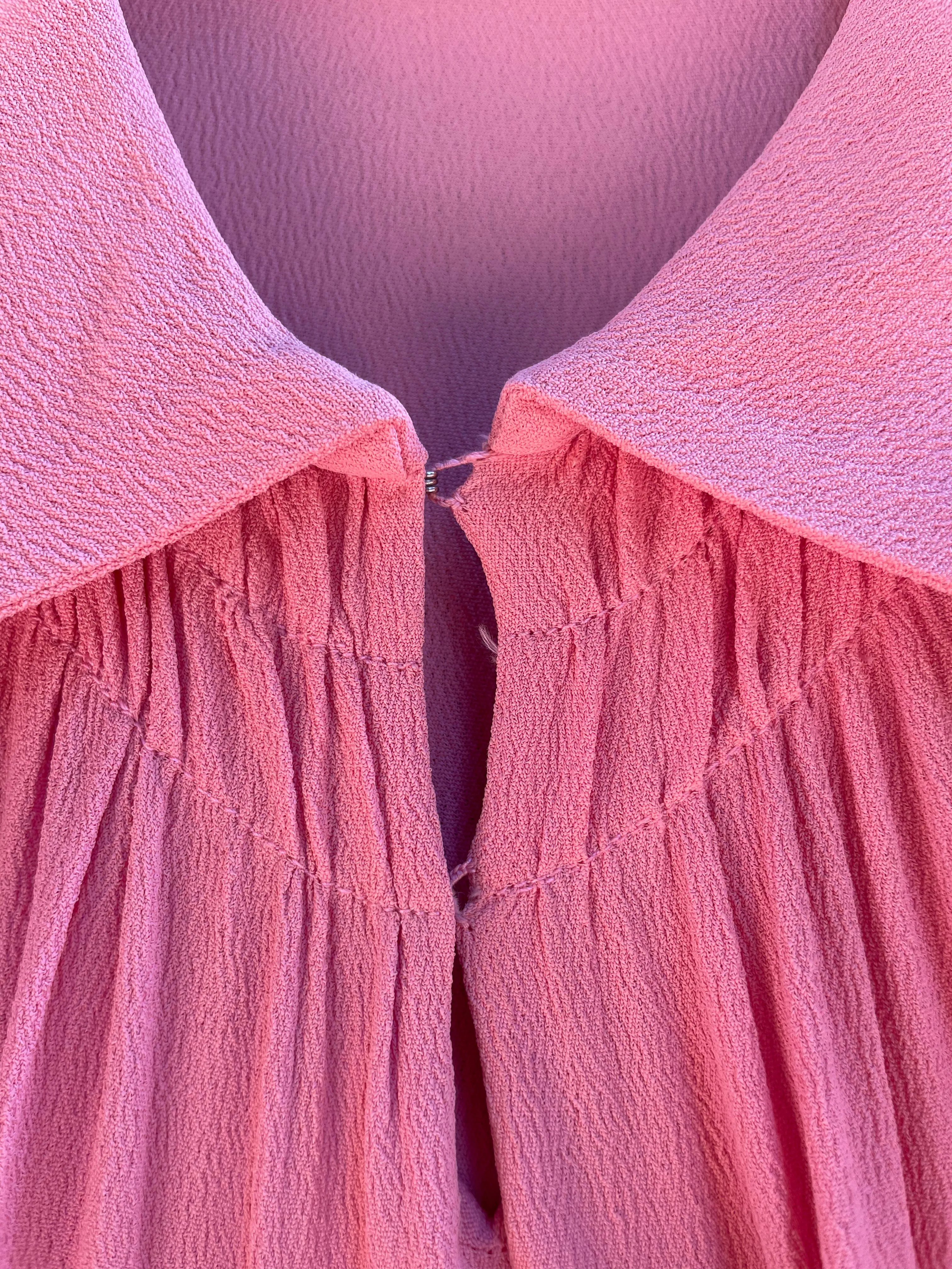 1930s Bubble Gum Pink Wool Embroidered Flower Basket Rayon Crepe Balloon Sleeve Dress