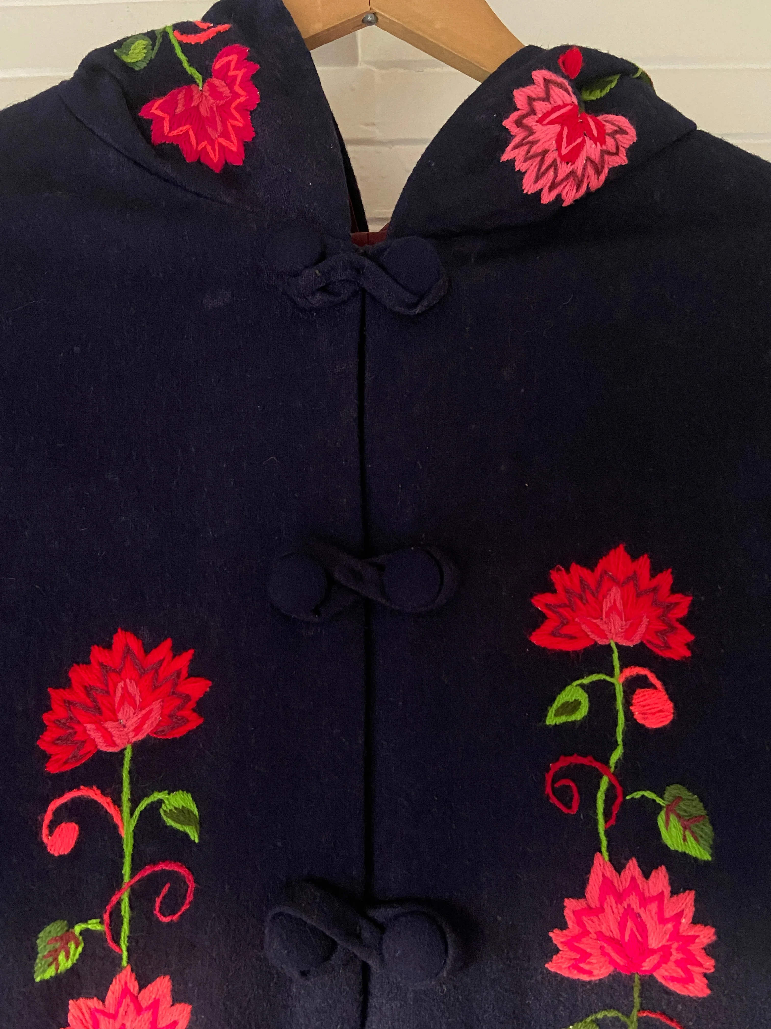 1940s Embroidered Hooded Wool Cape
