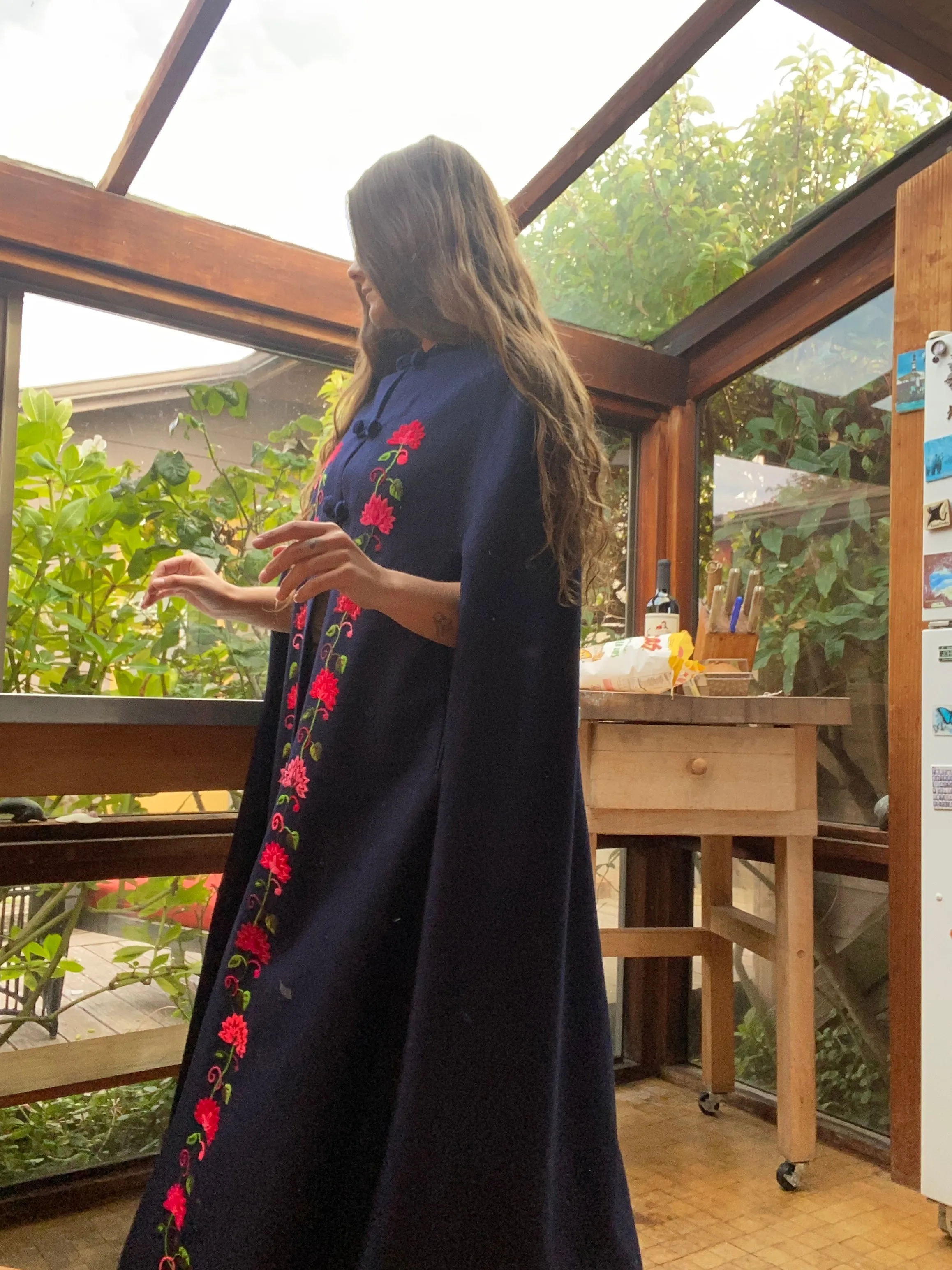 1940s Embroidered Hooded Wool Cape