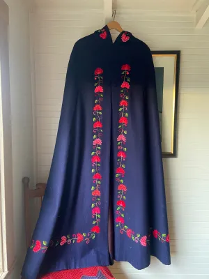 1940s Embroidered Hooded Wool Cape