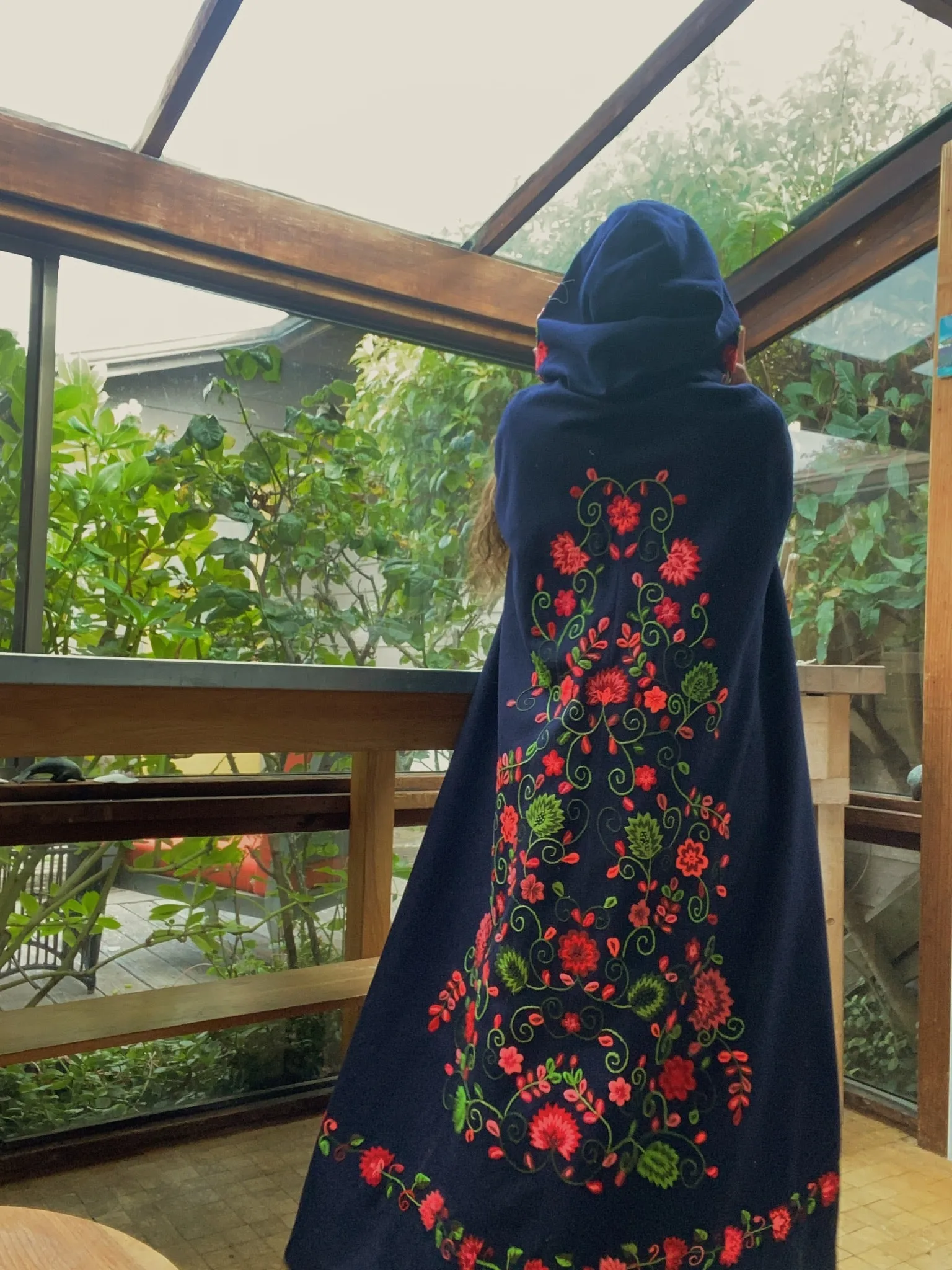 1940s Embroidered Hooded Wool Cape