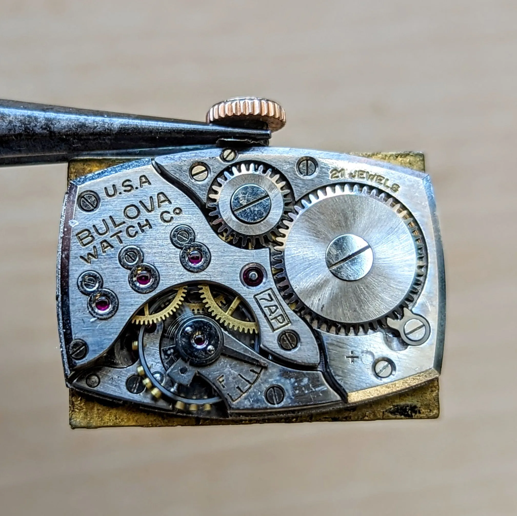 1943 BULOVA Watch Fancy Tank Case & Lugs Cal. 7AP U.S.A. 14K Rose G.F. Wristwatch
