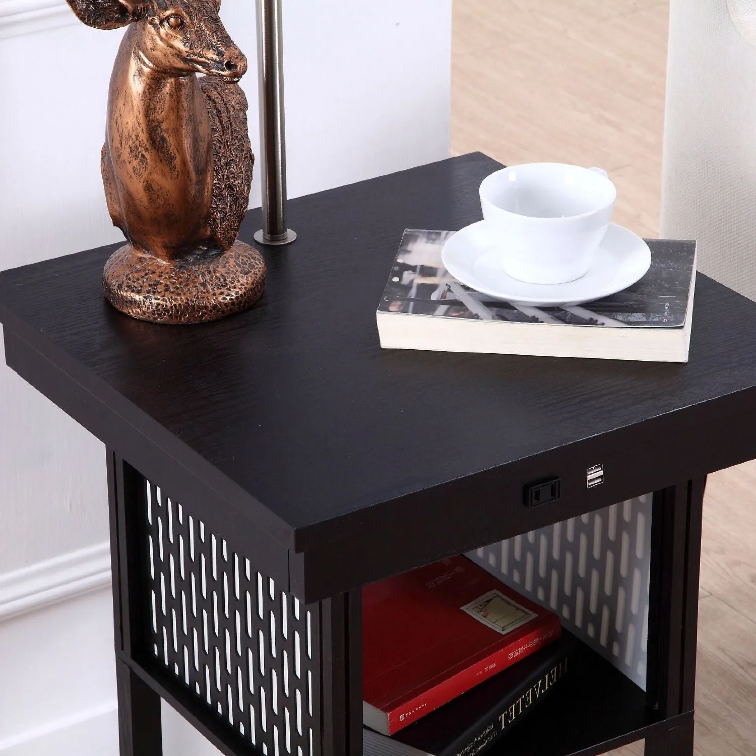 2-in1 Floor Lamp Side Table with Patterned Shade and USB Ports