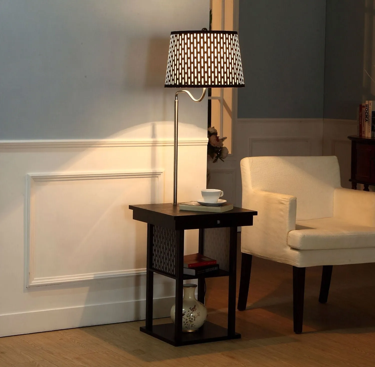 2-in1 Floor Lamp Side Table with Patterned Shade and USB Ports
