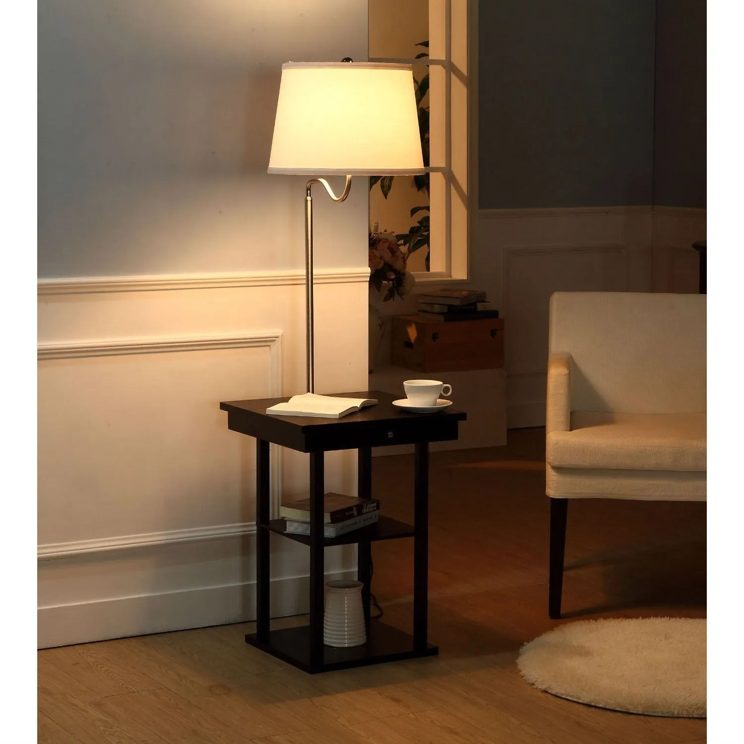 2-in1 Modern Side Table Floor Lamp with White Shade and USB Ports