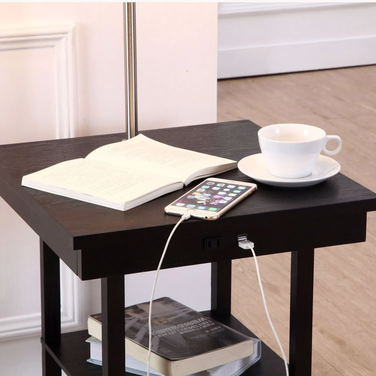 2-in1 Modern Side Table Floor Lamp with White Shade and USB Ports