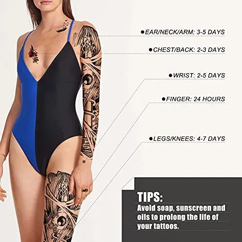 2 Sheets Temporary Tattoo Sticker-Waterproof Cool Arm Leg Back Body Sleeve Fake Tatoo For Women Men Adult Kids Long Lasting Temp Tatoos With Realistic Geometric Army Warrior Soldier Sword Pattern For Halloween Party Masquerade