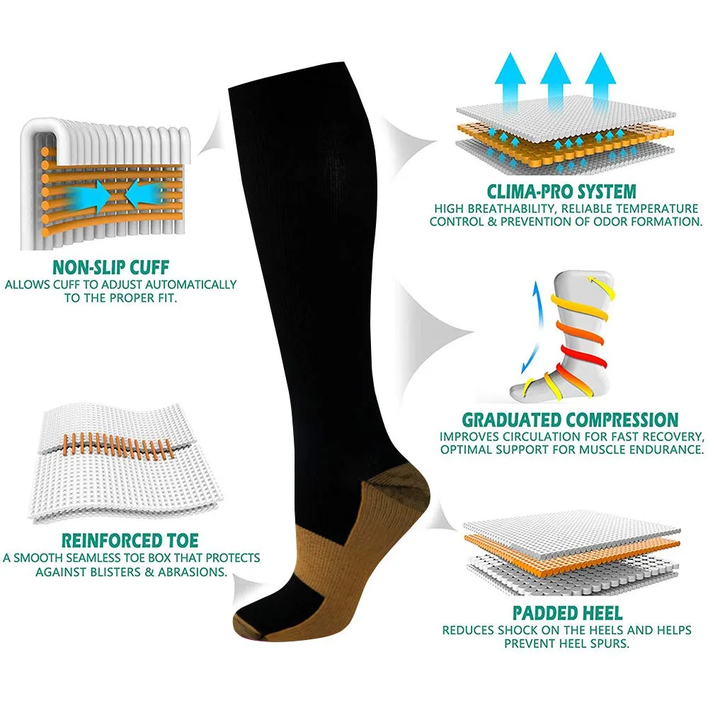 8-Pairs Black Copper Compression Socks For Men & Women (15-20mmHG) | Actinput