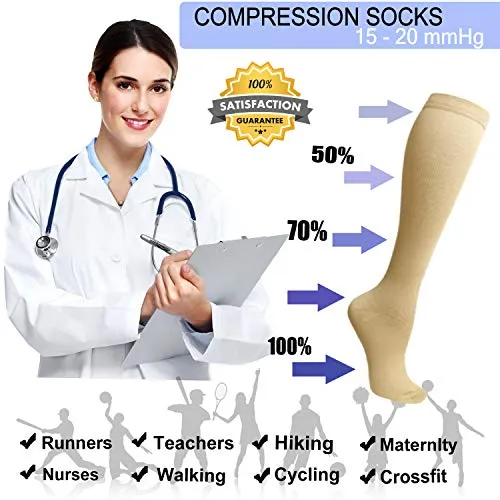 8-Pairs Knee-Length Black/Nude Compression Socks （15-20 mmHG）I ACTINPUT
