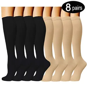 8-Pairs Knee-Length Black/Nude Compression Socks （15-20 mmHG）I ACTINPUT