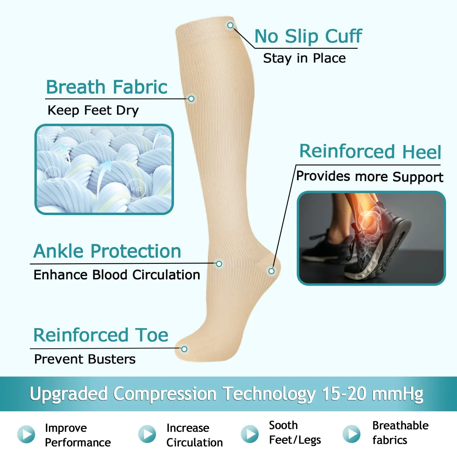 8-Pairs Knee-Length Nude Compression Socks（15-20 mmHG）I ACTINPUT
