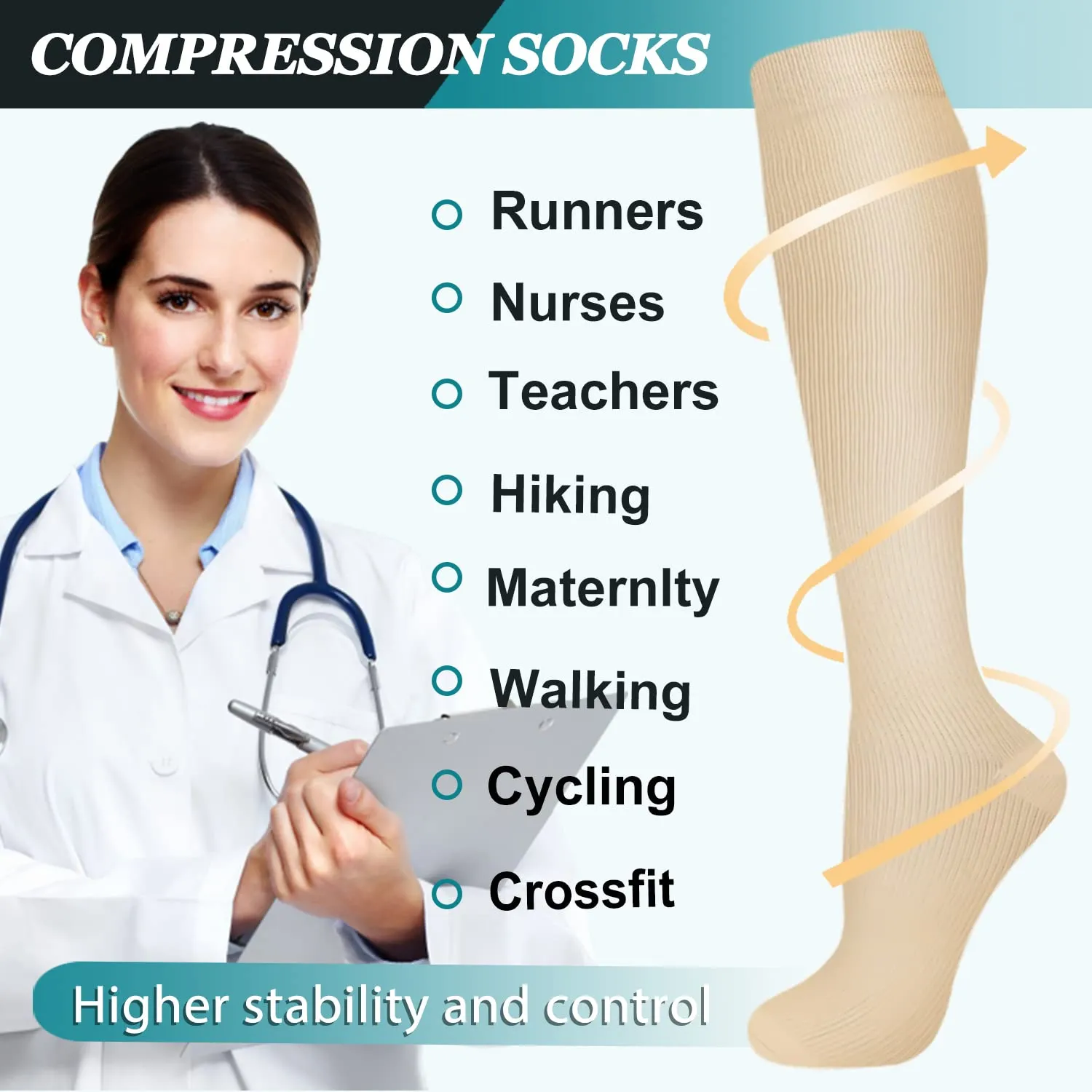 8-Pairs Knee-Length Nude Compression Socks（15-20 mmHG）I ACTINPUT