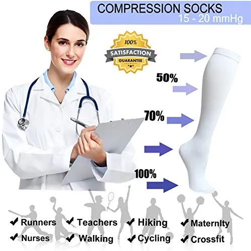 8-Pairs Knee-Length White Compression Socks（15-20 mmHG）I ACTINPUT