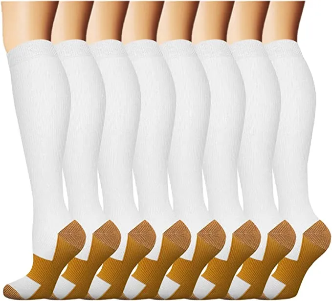 8-Pairs White Copper Compression Socks For Men & Women (15-20mmHG) | Actinput