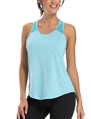 Aeuui Workout Tops for Women Mesh Racerback Tank Yoga Shirts Gym Clothes Lake Blue