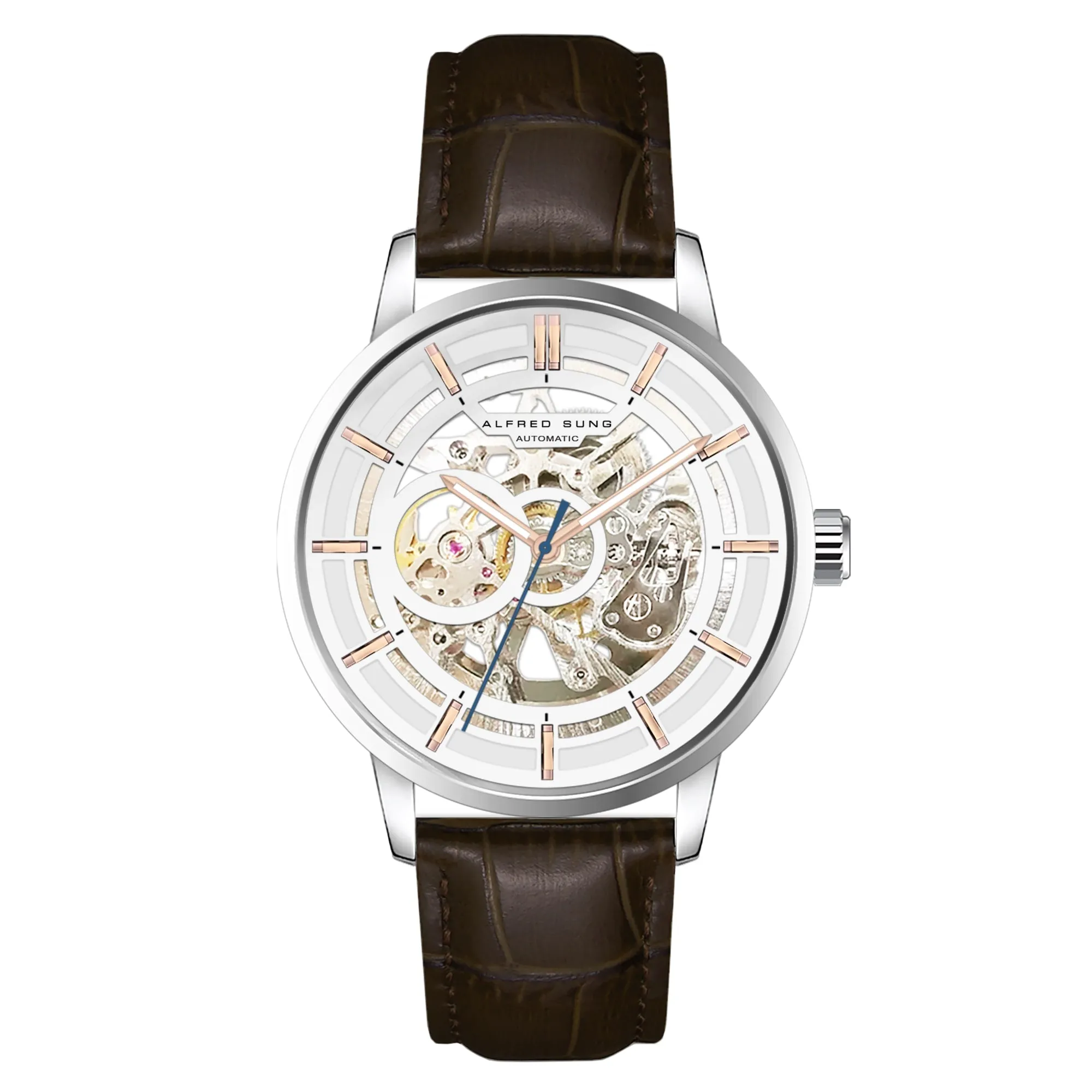 Alfred Sung Automatic III White Skeleton Dial Brown Leather Strap Men's watch