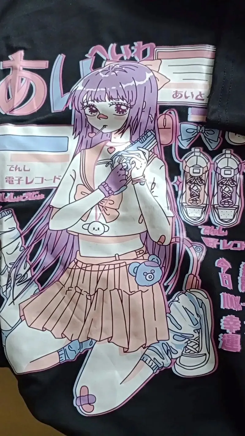 Anime Purple White Black E-girl Shooter Graphic Harajuku T Shirt & Arm Warmers