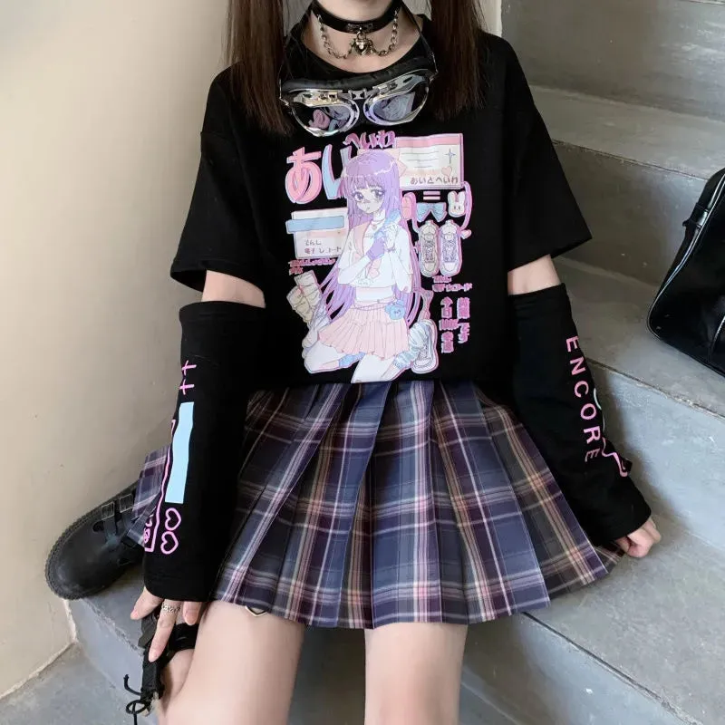 Anime Purple White Black E-girl Shooter Graphic Harajuku T Shirt & Arm Warmers