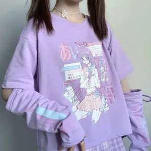 Anime Purple White Black E-girl Shooter Graphic Harajuku T Shirt & Arm Warmers