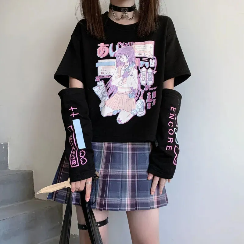 Anime Purple White Black E-girl Shooter Graphic Harajuku T Shirt & Arm Warmers