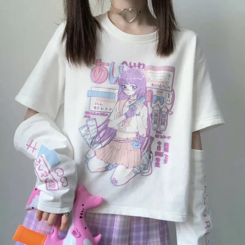 Anime Purple White Black E-girl Shooter Graphic Harajuku T Shirt & Arm Warmers