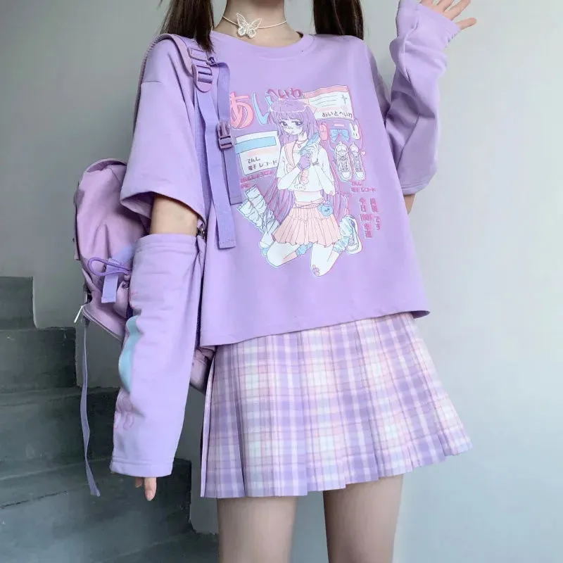 Anime Purple White Black E-girl Shooter Graphic Harajuku T Shirt & Arm Warmers