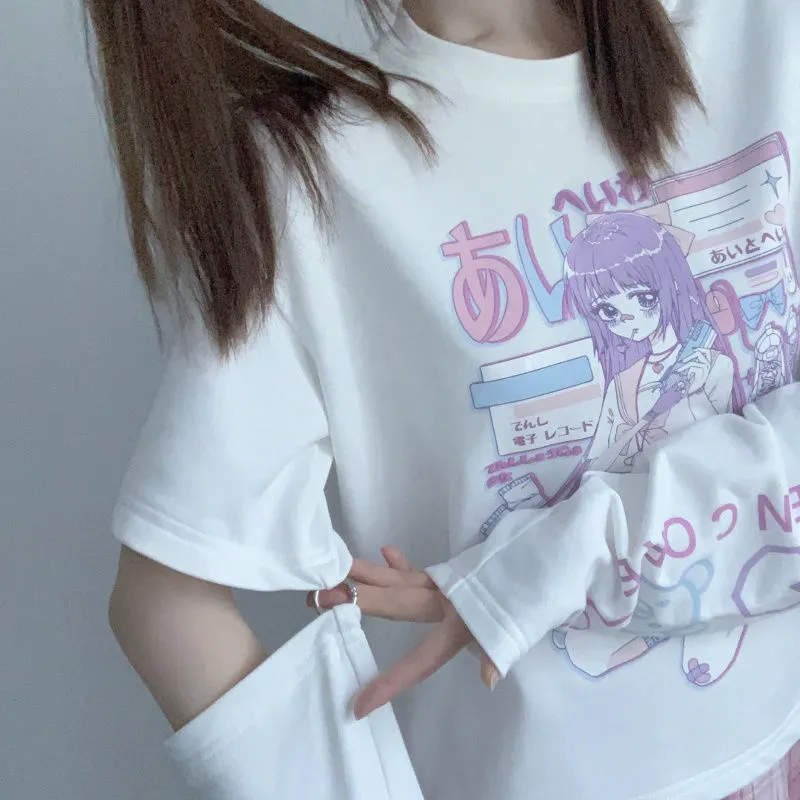 Anime Purple White Black E-girl Shooter Graphic Harajuku T Shirt & Arm Warmers