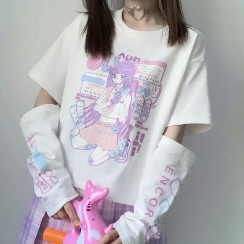Anime Purple White Black E-girl Shooter Graphic Harajuku T Shirt & Arm Warmers