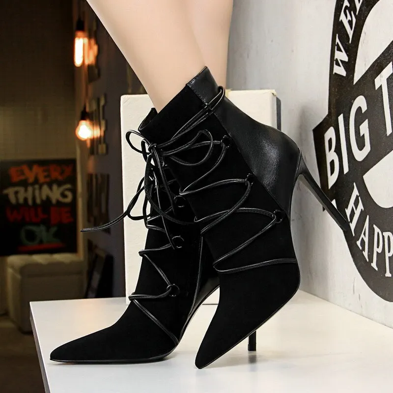 Ankle Length Flock Boots Women Pointed Toe High Heel Shoes