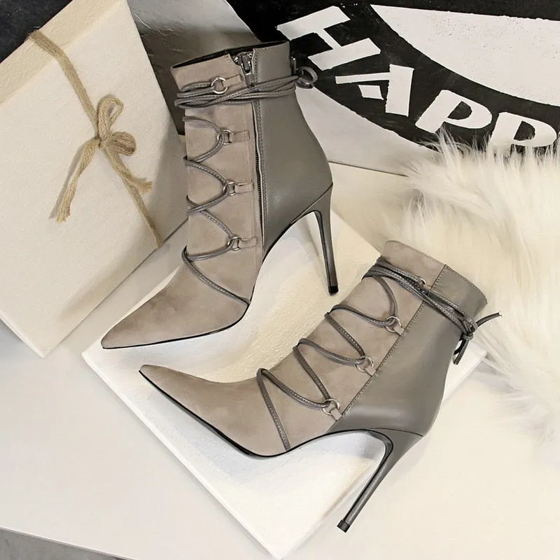 Ankle Length Flock Boots Women Pointed Toe High Heel Shoes