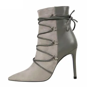 Ankle Length Flock Boots Women Pointed Toe High Heel Shoes