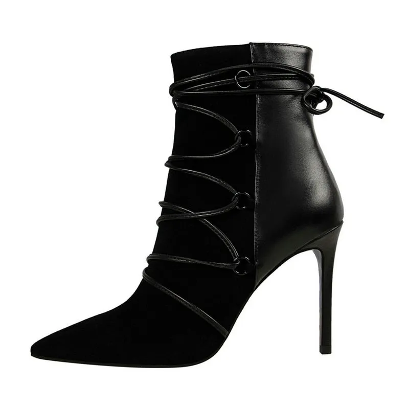Ankle Length Flock Boots Women Pointed Toe High Heel Shoes