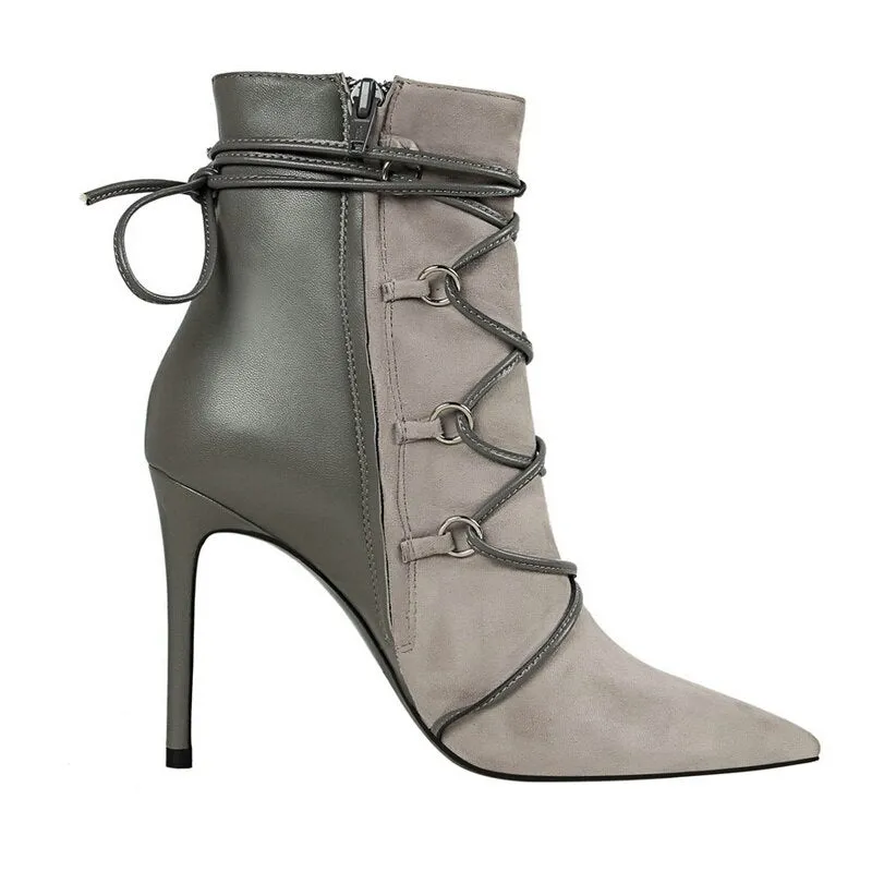 Ankle Length Flock Boots Women Pointed Toe High Heel Shoes