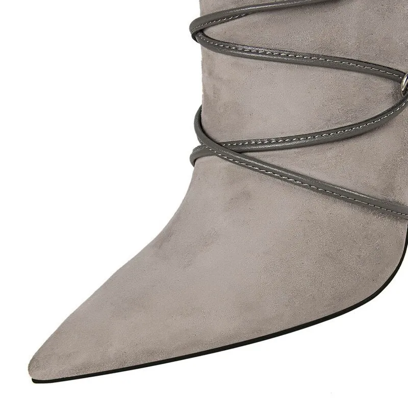 Ankle Length Flock Boots Women Pointed Toe High Heel Shoes