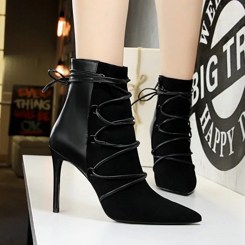 Ankle Length Flock Boots Women Pointed Toe High Heel Shoes