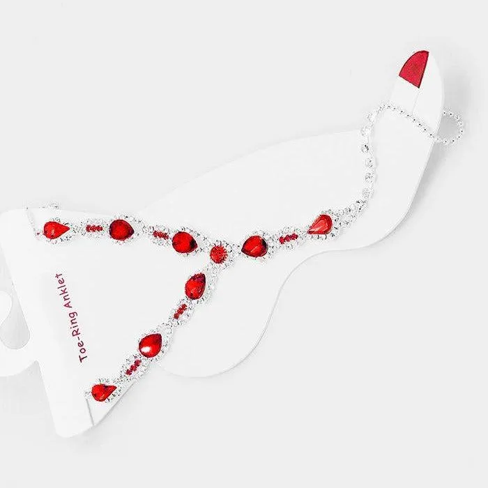 Anklet Crystal Rhinestone Pave Toe Ring - Red