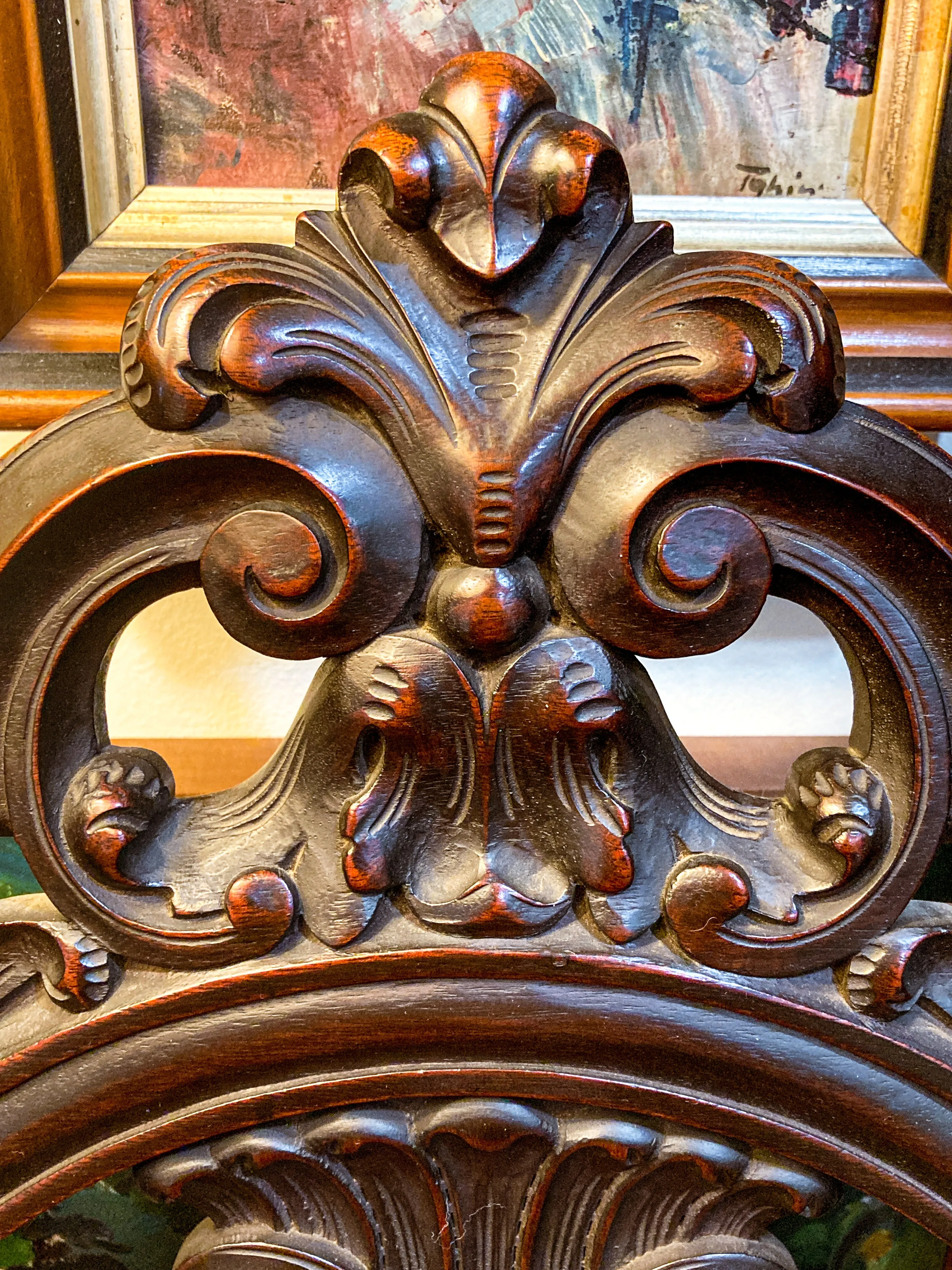 Antique 1900s Jacobean Style Carved Walnut Wood Upholstered Throne Chair