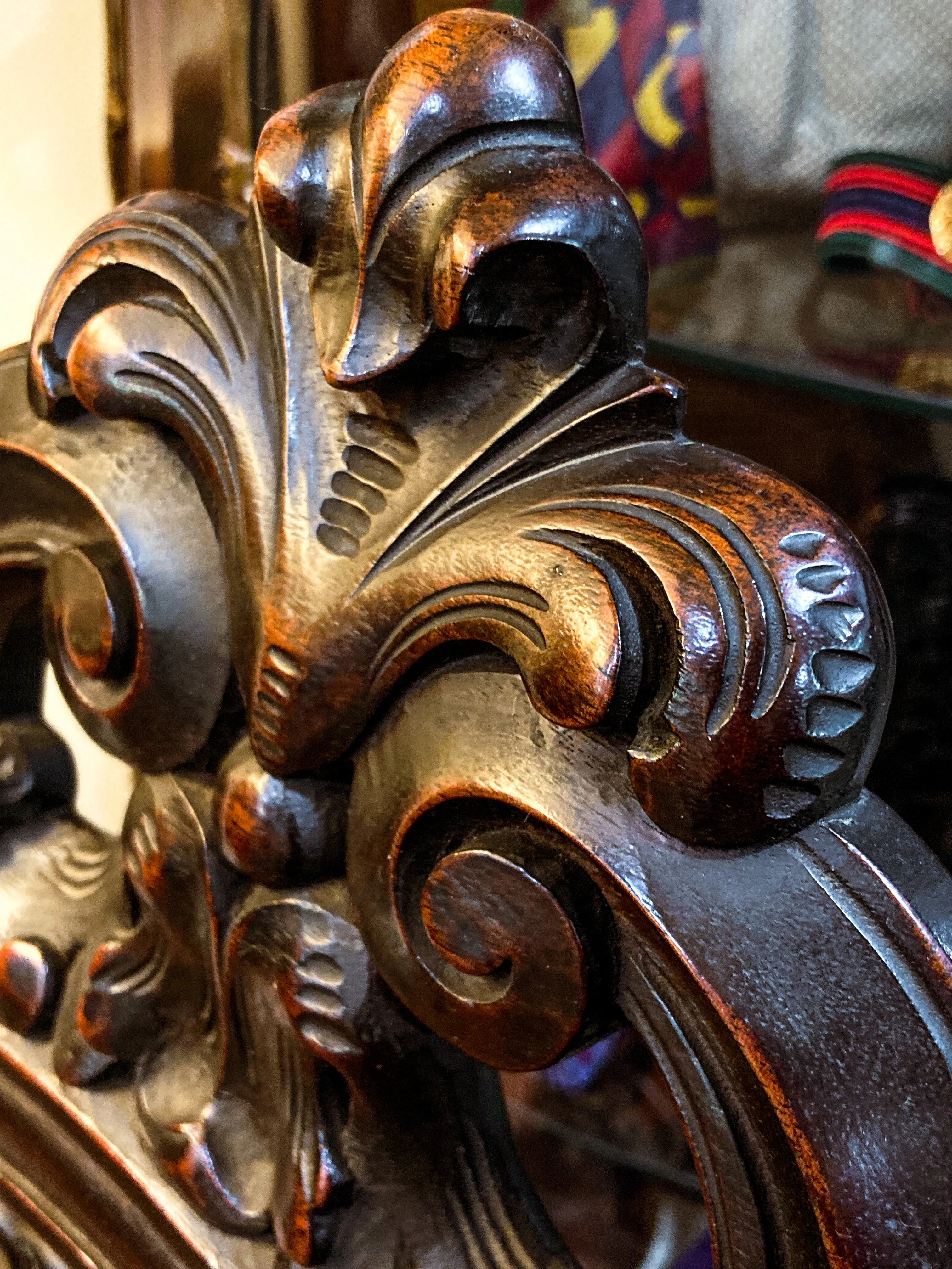 Antique 1900s Jacobean Style Carved Walnut Wood Upholstered Throne Chair