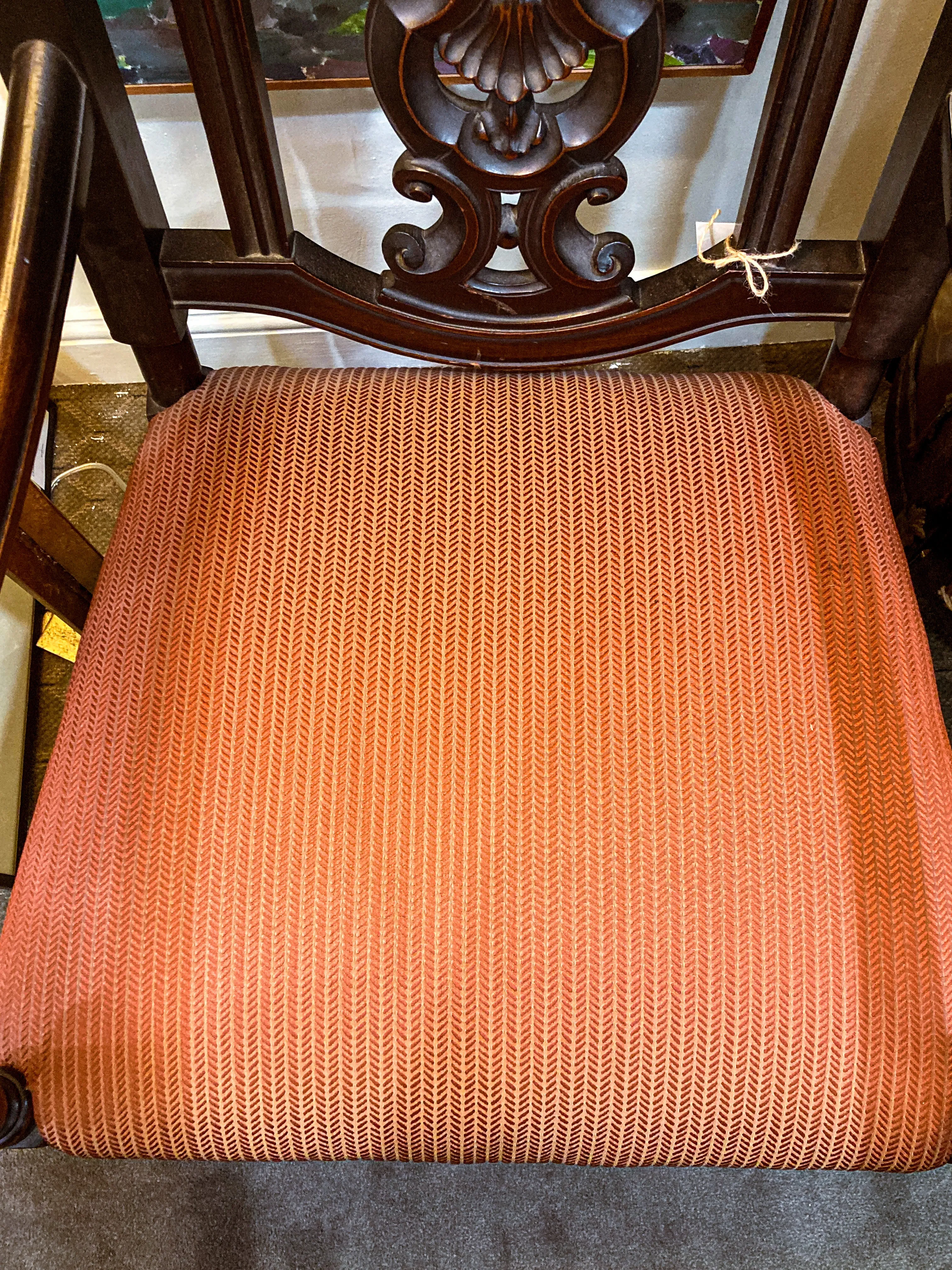Antique 1900s Jacobean Style Carved Walnut Wood Upholstered Throne Chair