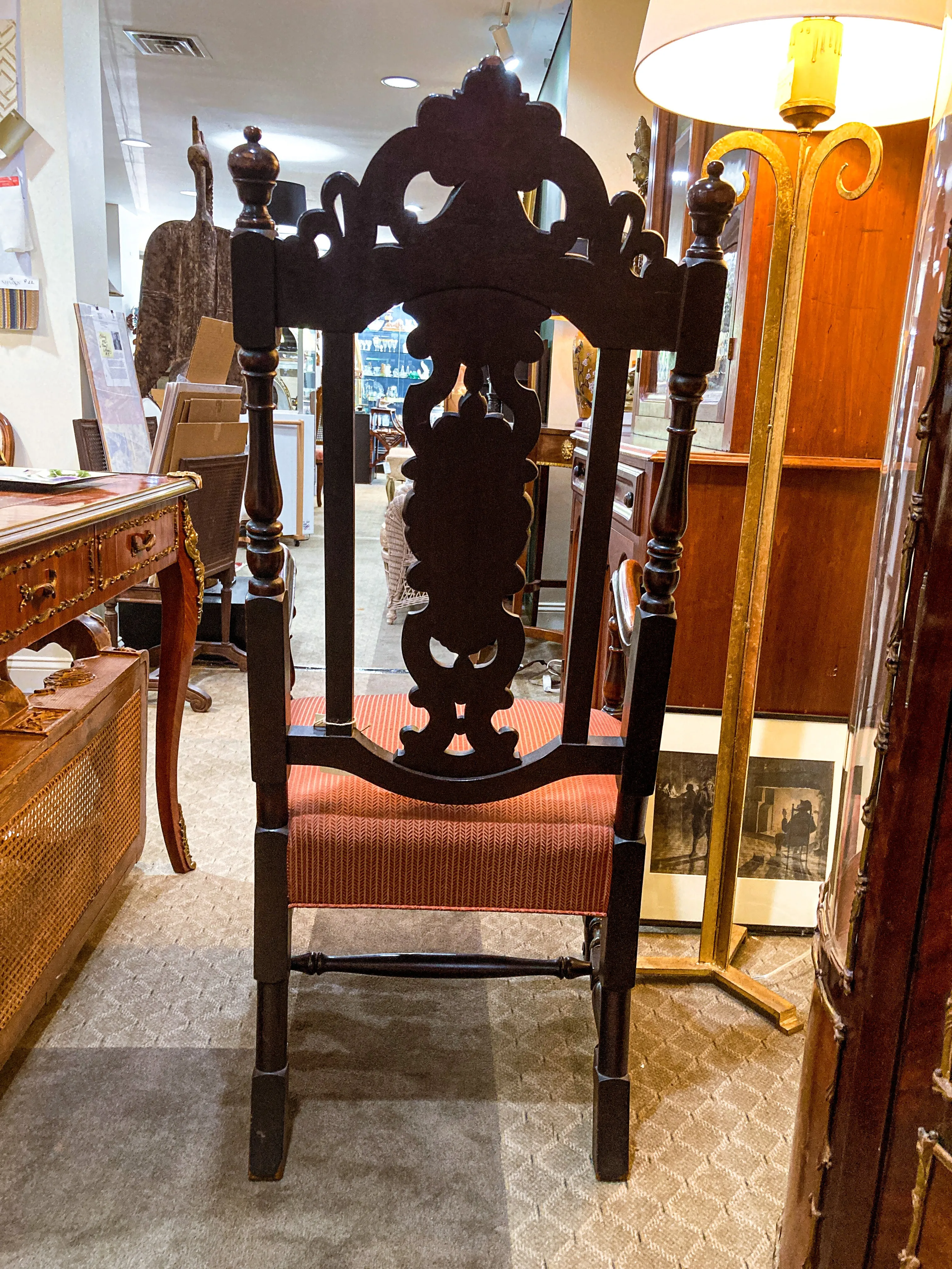 Antique 1900s Jacobean Style Carved Walnut Wood Upholstered Throne Chair