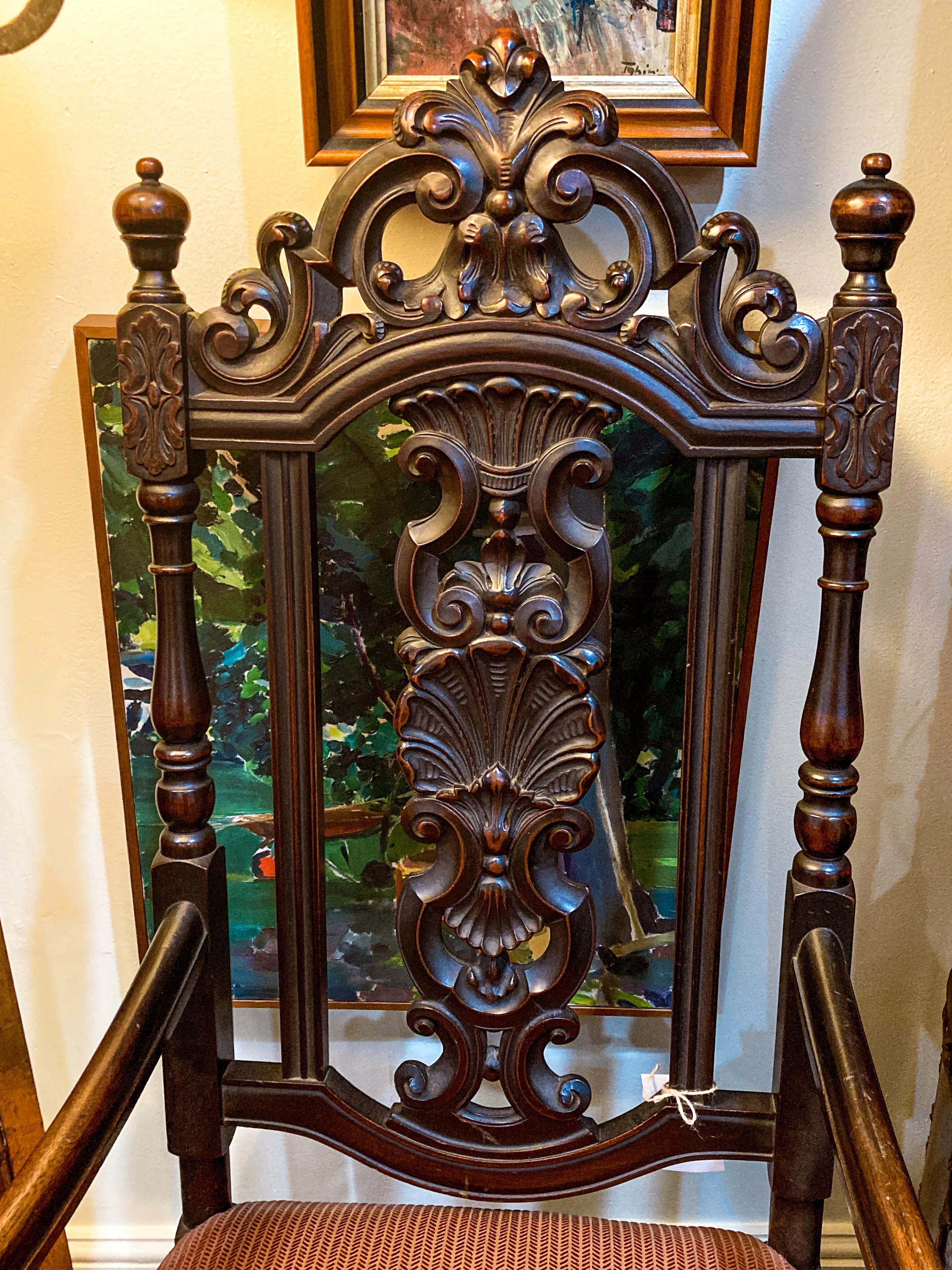 Antique 1900s Jacobean Style Carved Walnut Wood Upholstered Throne Chair