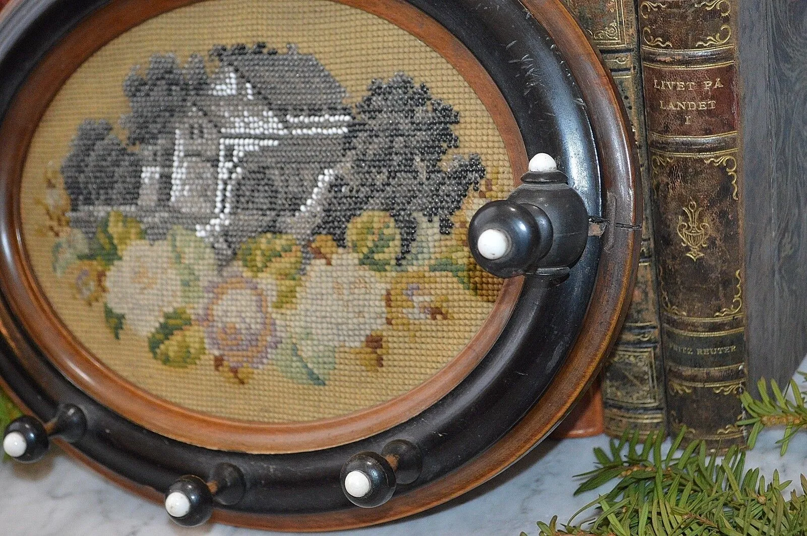Antique German Wood Coat Hat Rack Beaded Needlepoint Cottage House Floral