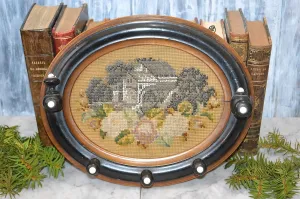 Antique German Wood Coat Hat Rack Beaded Needlepoint Cottage House Floral
